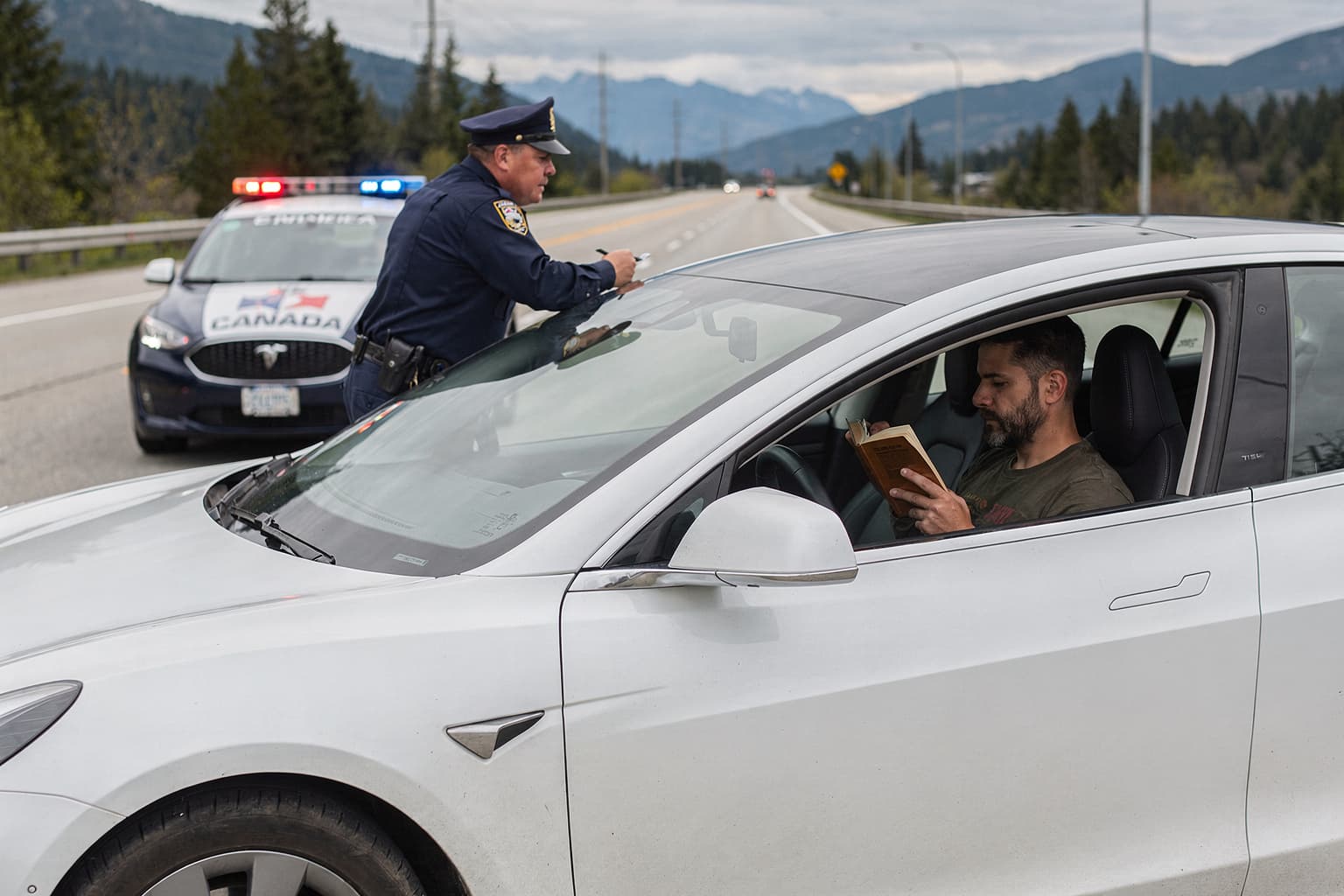 Tesla-FSD: Fahrer in British Columbia kassiert Ticket, weil er während der Fahrt gelesen hat